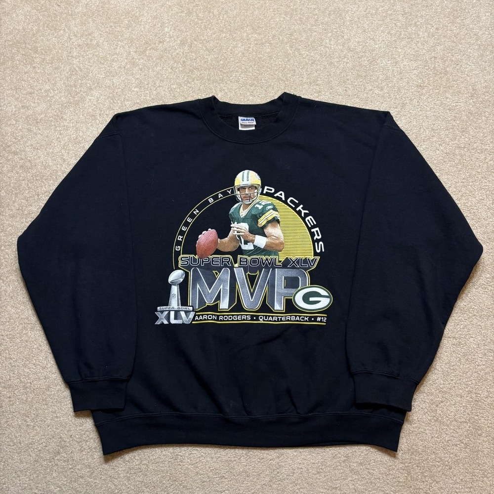 Green Bay Packers Sweatshirt Mens XL Black NFL Football Aaron Rodgers MVP Gildan